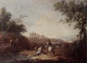 Giuseppe Zais An italianate landscape with fishermen and travellers resting beside a pool Sweden oil painting artist